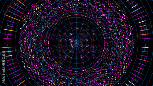 Big Data complex round graph background. Top view on quantum computing universe. Cyber space of AI technology. Futuristic graph. Digital information presentation.