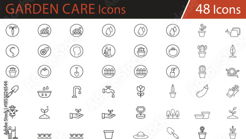 Gardening icon set, black line drawings, vegetable and tool symbols, human activity illustrations, horticulture elements, farm visuals, planting tools, garden care, agriculture collectio