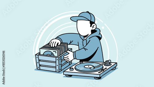 A DJ selecting vinyl records from a crate to play on a turntable, representing music enjoyment and hobbyist activities, perfect for creative projects.