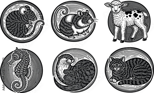 Vintage engraved animal medallion illustration set, black and white woodcut style vector icons featuring mouse, rat, lamb, seahorse, otter, cat