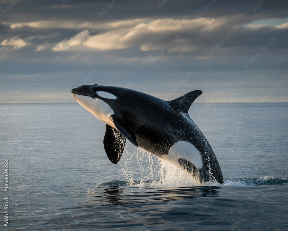 Fototapeta premium Orca whale breaching out of calm ocean water with dramatic cloudy sky killer whale jumping