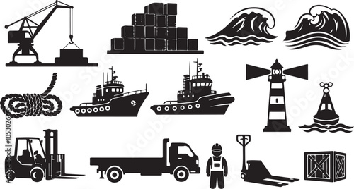 Maritime and industrial transport icons in black silhouette