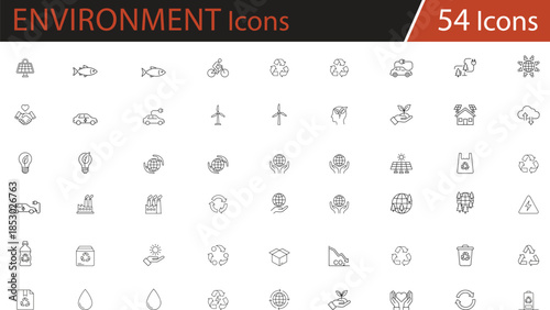 Minimalist eco icons set featuring sustainability, renewable energy, recycling, green living, electric transport, and environmental conservation, perfect for eco campaigns, UI design, and educational