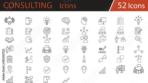 Strategic business and growth icons set featuring goal setting, innovation, teamwork, analytics, leadership, and success metrics for corporate strategy, marketing, and professional development