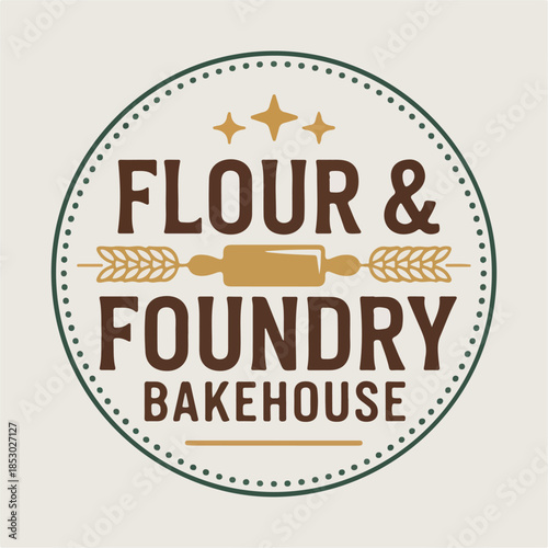 Flour & Foundry Bakehouse round seal with rolling pin and stars, rustic bakery logo vector for artisan bread, pastry labels, cafe menus and packaging
