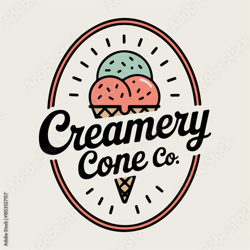 Creamery Cone Co retro ice cream badge with waffle cone and scoops, playful dessert parlor logo vector for frozen treats, packaging and shop signage
