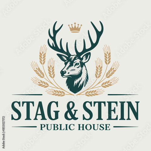 Stag & Stein Public House emblem with deer head and barley, classic pub logo vector for tavern signage, craft beer menus and heritage branding