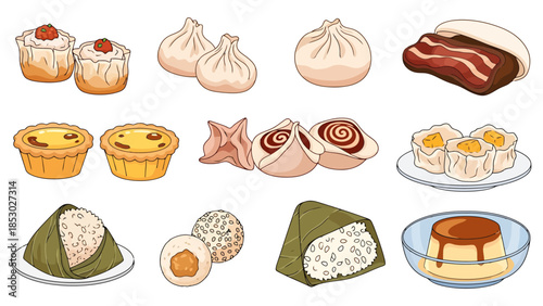 Set of Popular Asian Dumplings and Desserts Isolated Food Icons