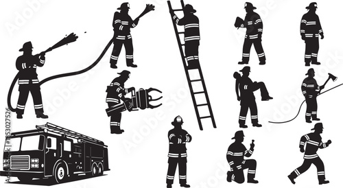 Firefighters in action with truck and equipment