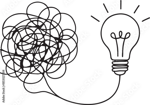 Chaotic and mess lines with light bulb continuous line drawing. Problem solving concept. Creating idea symbol. Vector illustration isolated on white