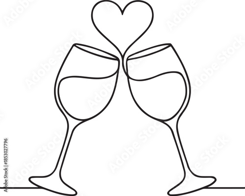 Two wineglasses with heart shape continuous line drawing. Cheers toast symbol. Celebration concept. Champagne drink. Vector illustration isolated on white