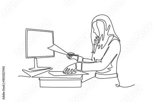 Woman in server hub establishing performance benchmarks and conducting analysis. Benchmarking concept. Single line draw design. Vector graphic illustration
