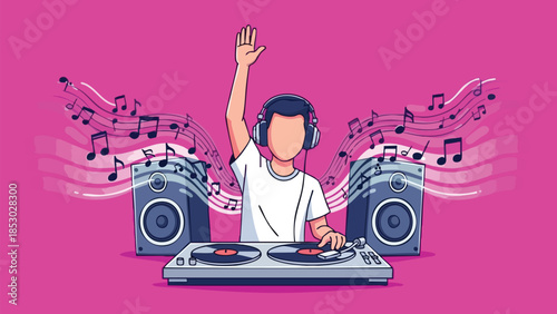 A dynamic illustration of a dj enthusiastically mixing music with turntables and speakers surrounding them generating musical notes and vibrant