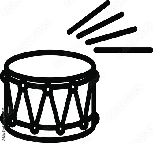 Black and white illustration of a drum and drumsticks