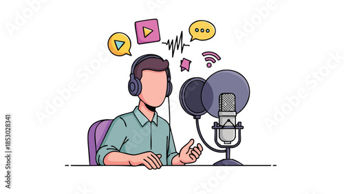 A person with headphones and a microphone in a studio recording audio for online content creation and broadcasting production