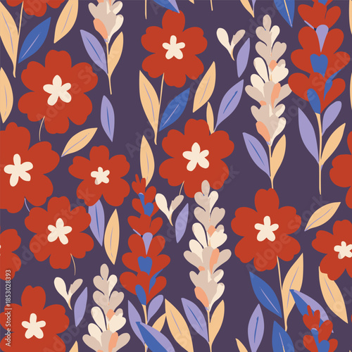 Elegant seamless vector floral background with vibrant red and purple flowers. Perfect for luxury fashion prints, romantic gift wrap, and home decor.