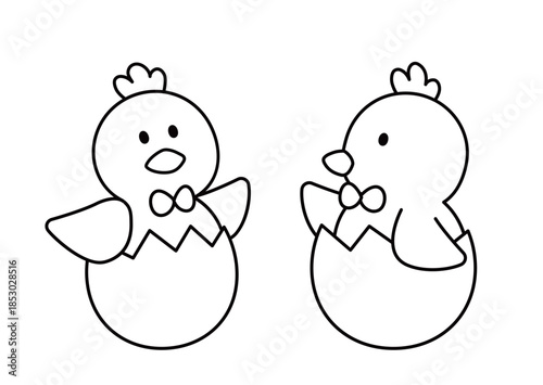 Easter Chick Sitting in Eggshells  Flat Vector Illustration Outline Set.
Cute Spring Easter Chicken Coloring pages and templates.
White background.