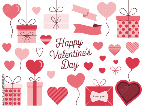 Set of Valentine's Day Hand Drawn Decorative Elements, Heart Shaped Frames, Ribbons, Bows, Garlands, and Gift Boxes for Romance Designs, Pink and Red Vector Illustration Collection