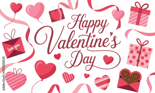 Set of Valentine's Day Hand Drawn Decorative Elements, Heart Shaped Frames, Ribbons, Bows, Garlands, and Gift Boxes for Romance Designs, Pink and Red Vector Illustration Collection