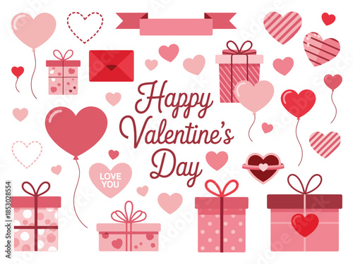 Set of Valentine's Day Hand Drawn Decorative Elements, Heart Shaped Frames, Ribbons, Bows, Garlands, and Gift Boxes for Romance Designs, Pink and Red Vector Illustration Collection