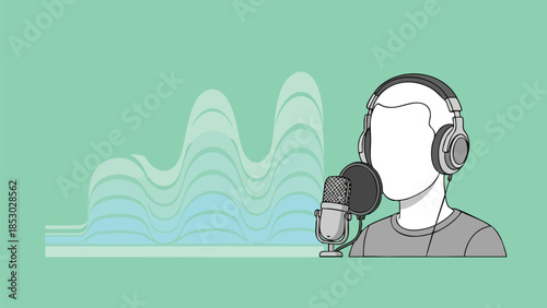 Faceless speaker wearing headphones recording audio into a microphone with abstract sound waves background for media creation illustration