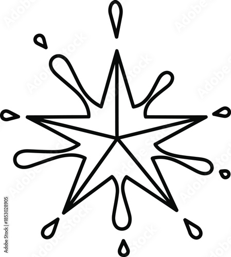 A black line drawing of a stylized star with teardrop shapes