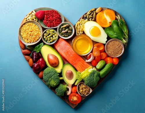 set of food with healthyl fats and omega-3, laid out in the shape of a heart. Health concept.jpg
