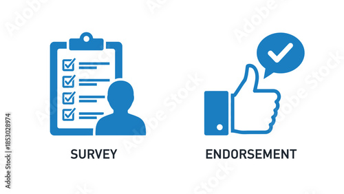 Survey and Endorsement Icons in Simple Flat Design with Blue Color Scheme on White Background for Web Graphics