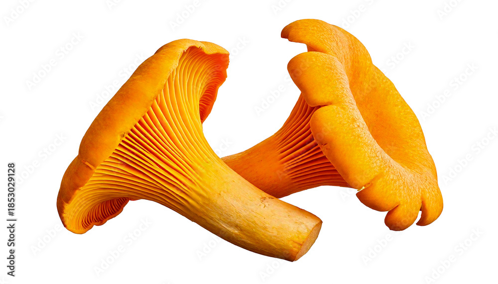 Fototapeta premium Two bright yellow chanterelle mushrooms, with visible gills and stems, isolated on a transpa.png