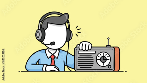 An illustrated person wearing a headset and microphone operating a radio on a minimalist yellow background to represent broadcasting services