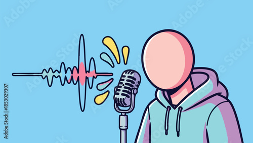 Anonymized speaker broadcasting voice message into a vintage microphone on a light blue backdrop for digital audio content creation