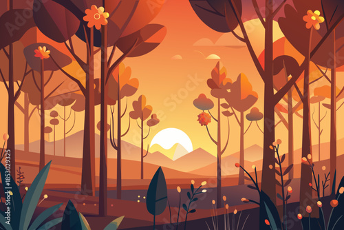 Abstract forest scene with mountains and a bright sun at sunrise landscape nature