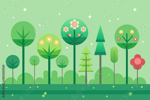 Charming Flat Illustration of a Forest with Round and Conical Trees and Flowers Keywords: forest, landscape, nature, trees, stylized, flat design