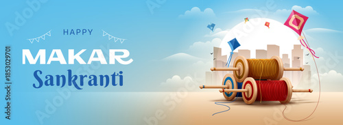 happy makar sankranti festival banner design with flying kites and latai on shine bright blue sky background