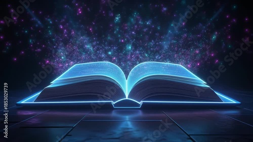 A glowing purple book opens on a dark floor with blue lights shining.
