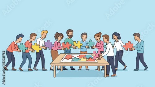 Teamwork and collaboration in a business setting using puzzle pieces as a metaphor for problem solving and achieving goals together