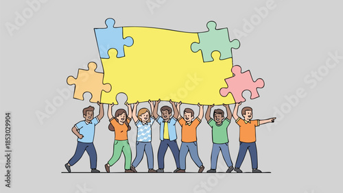 Diverse group of people assembling a giant jigsaw puzzle representing teamwork and unity against a plain grey background conveying collaboration and
