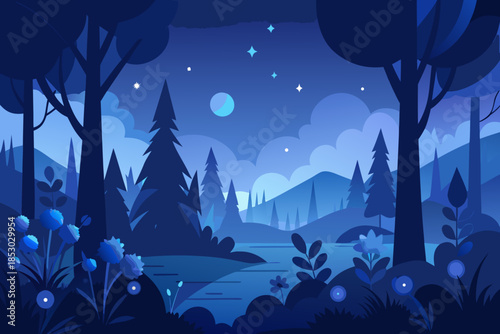 Dark blue forest landscape with moonlit lake and starry sky night trees