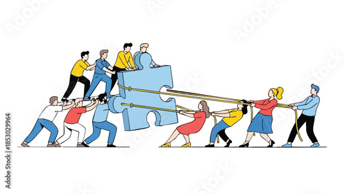 Diverse group of people working together to assemble a giant puzzle piece symbolizing collaboration and problem solving