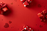 Red background with wrapped gifts and heart motifs evokes Valentines Day mood, celebration and romance. Perfect for greeting cards, gifts, and love themed projects
