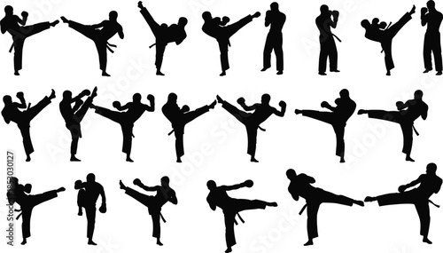 Martial arts fighting silhouette collection showing kicking techniques, self defense training poses, combat sport action illustration isolated white background