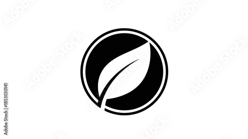 Black and White Stylized Leaf in a Circle Logo Design Element, Isolated White Background