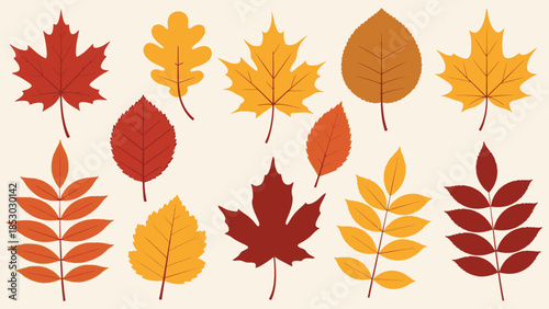 Diverse Autumn Leaves and Acorns Collection on a Light Beige Background