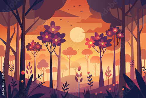 Enchanted forest at dusk with purple flowers and orange sky landscape nature