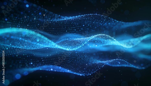 Abstract digital technology background with blue glowing data particles and futuristic horizon grid for enterprise cybersecurity and high tech global information network concepts