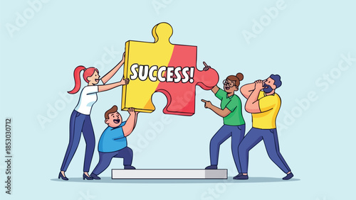 Diverse team collaborating on a giant 'SUCCESS' puzzle piece against a light blue background for a business concept illustration