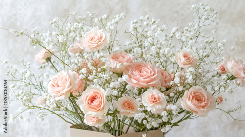 Elegant Pink Roses and Baby's Breath in Envelope on Marble Surface
