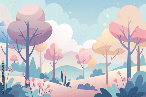 Enchanting Spring Forest with Pastel Trees and Soft Cloudscape landscape nature