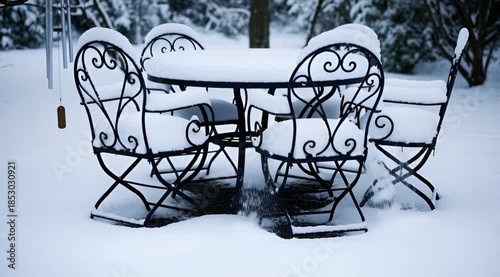 Snow falling on outdoor patio furniture