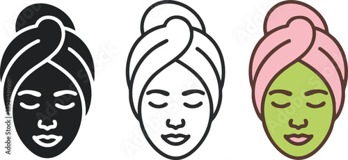 face mask relax icon on white background Black silhouette flat icon outline icon and colored icon style mint green and blush tones three minimal vector icon style